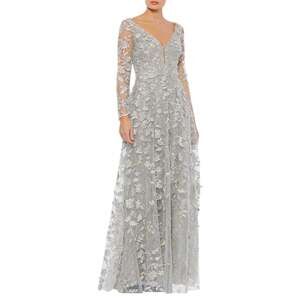 MacDuggal Floral Lace Embroidered Applique Silver Gray Illusion Long Sleeve Gown